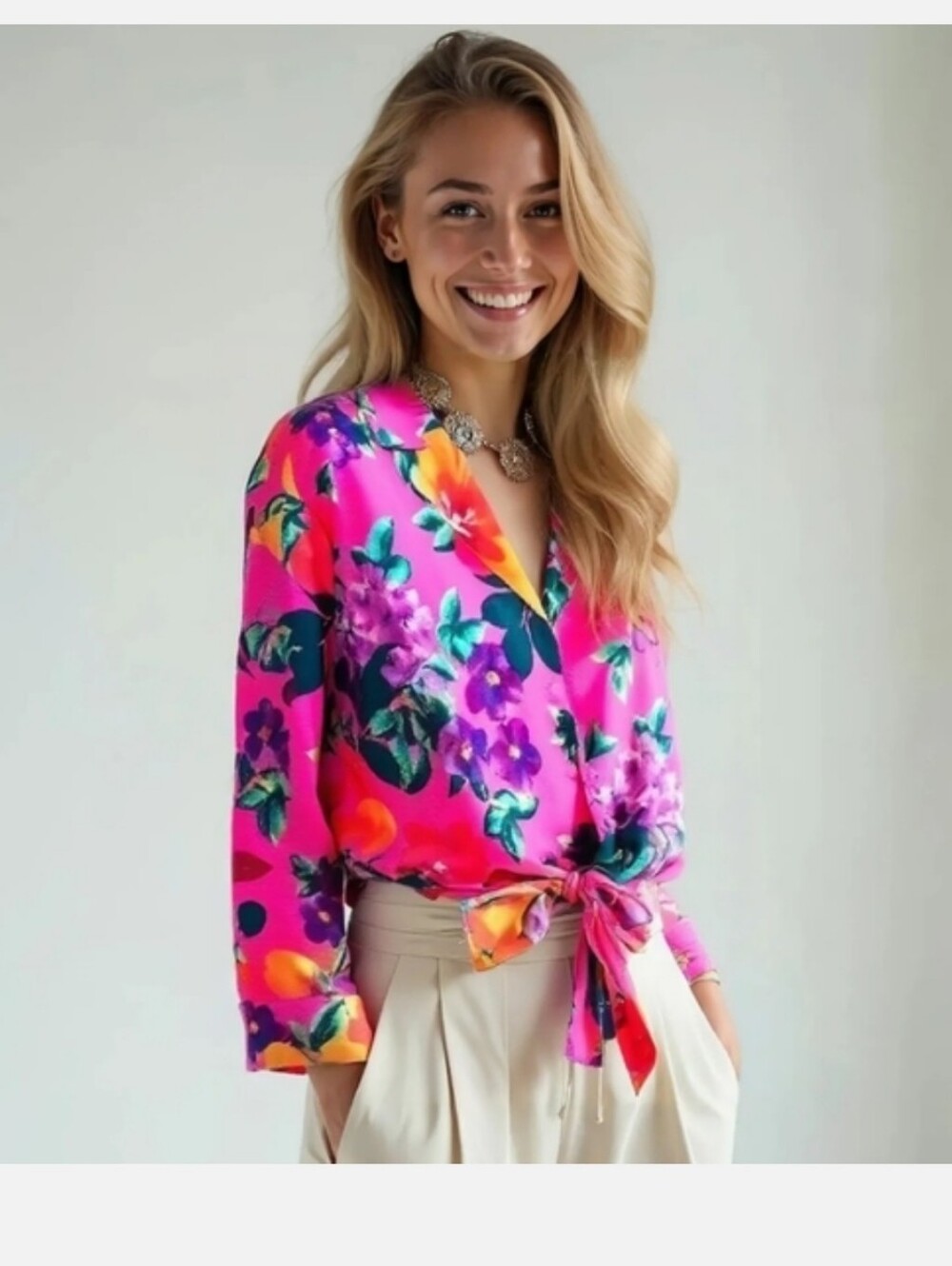 Vibrant Pink Floral Tie-Front Blouse Button-up Fairy Summer Party Medium